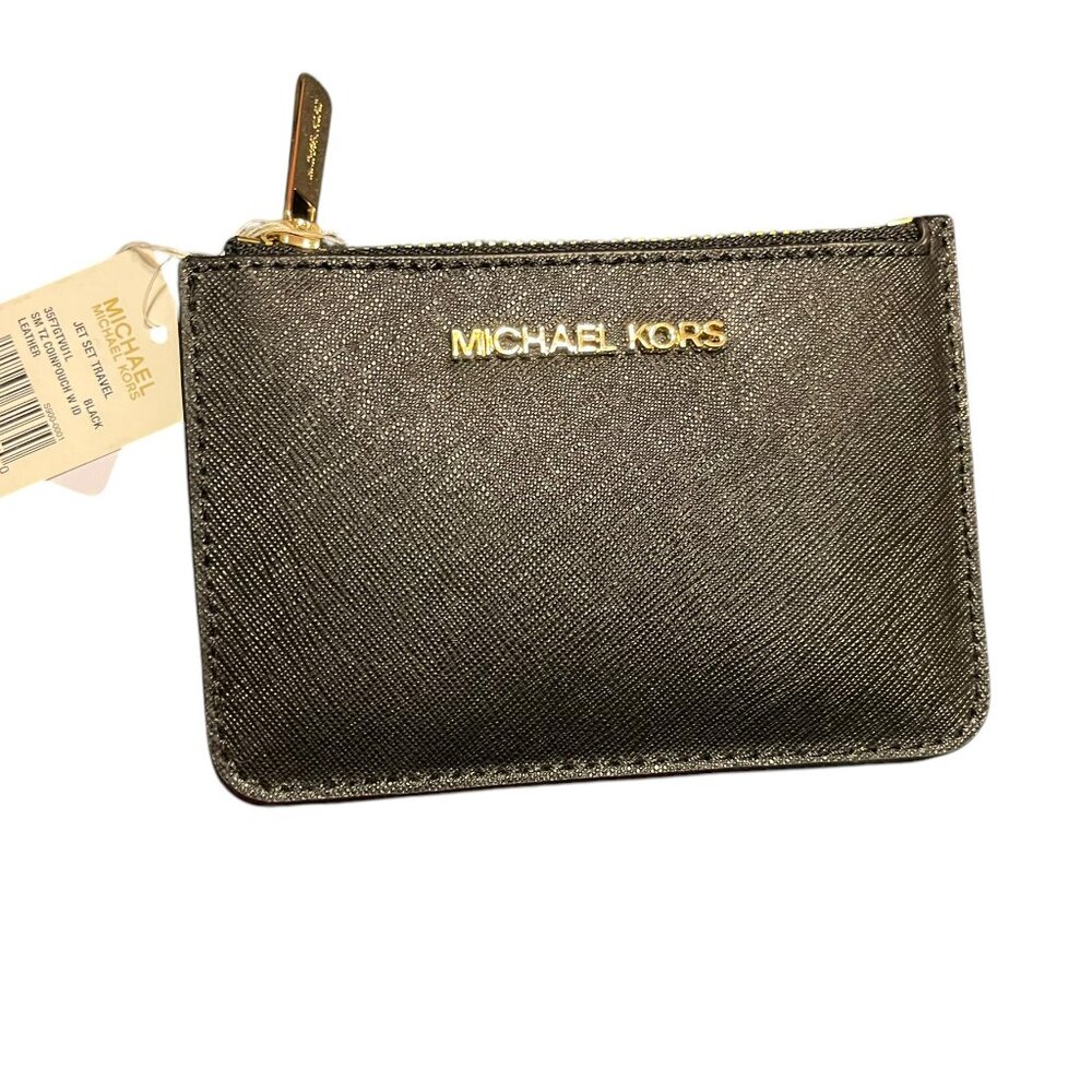 NWT Michael Kors Jet Set Travel Small Top Zip Leather Coin Pouch Wallet - Black